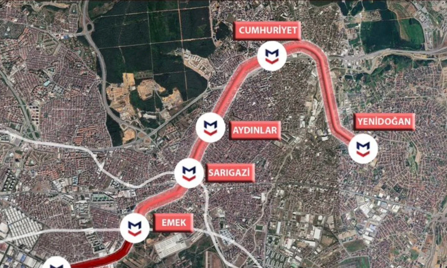 M13 Emek-Yenidoğan metro hattı güzergah haritası: Emek, Sarıgazi, Aydınlar, Cumhuriyet ve Yenidoğan istasyonları